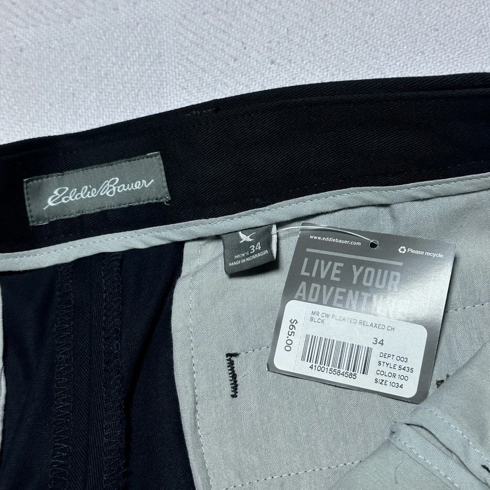 NEW Eddie Bauer Pleated Relaxed Chino Pants Mens 34x37 Wrinkle Free Black Casual